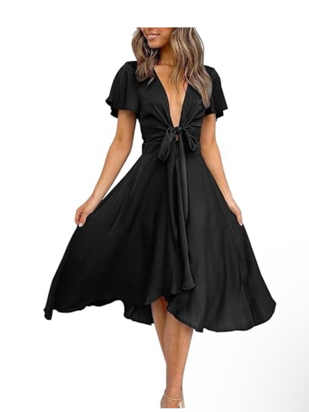 BTFBM Satin Black V Neck Tie Front  Midi A-Line Maxi Dress Size Medium